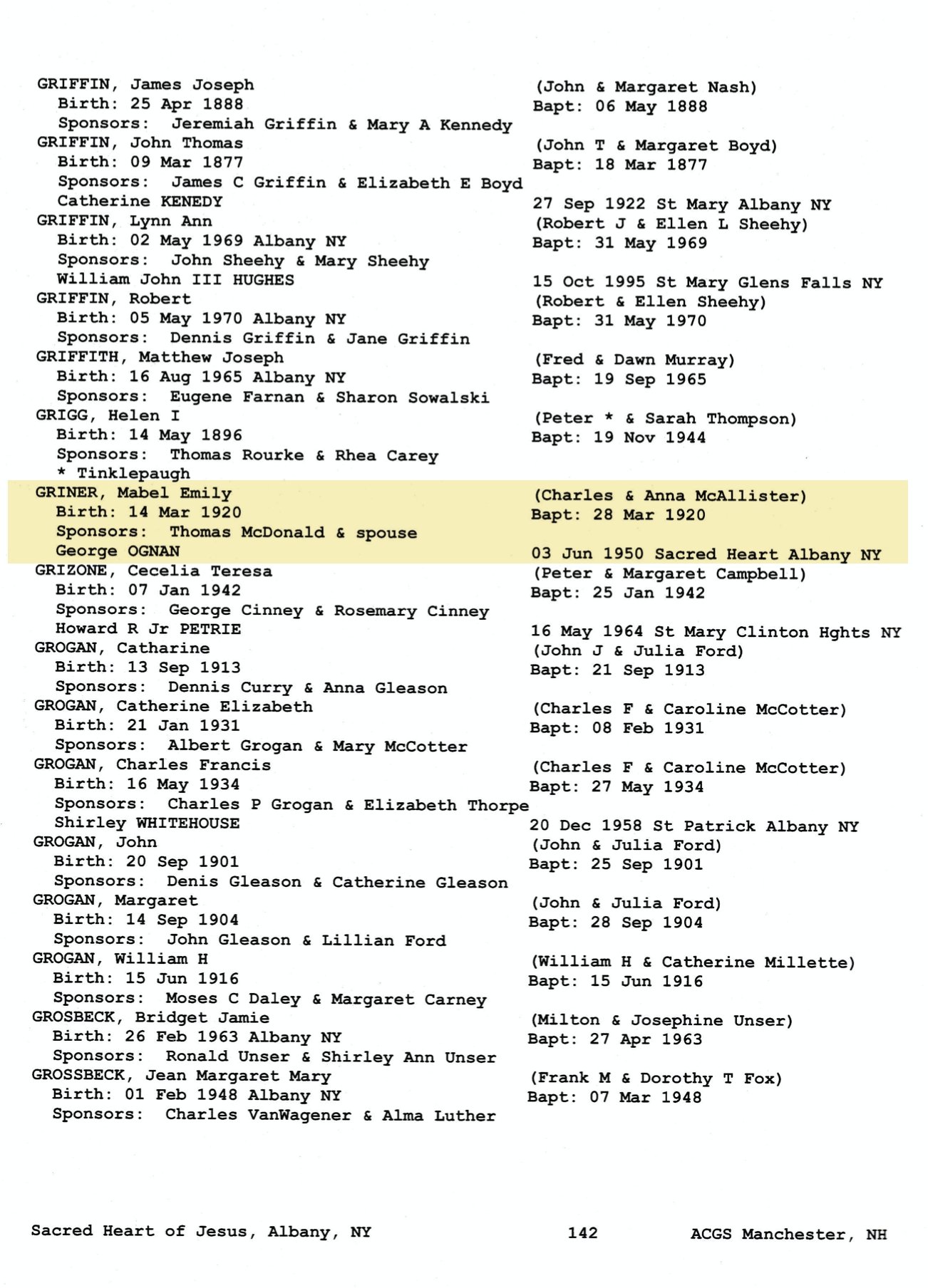 Baptism Record of Mabel Emily Griner