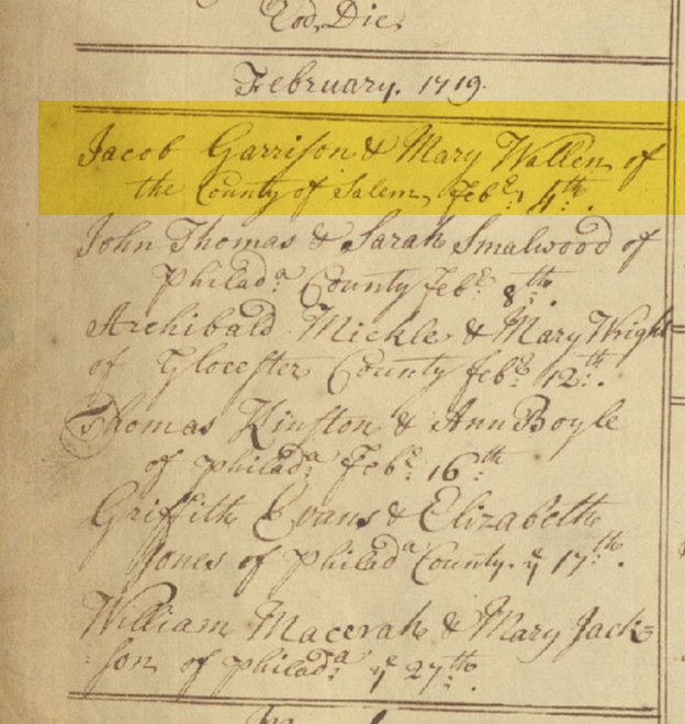 Marriage Record of Jacob Garrison and Mary Walling
