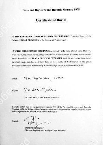 The Burial Record of Diana, Princess of Wales