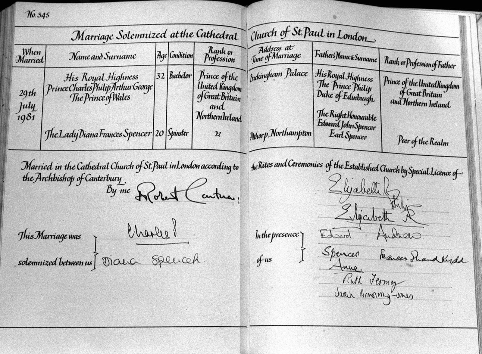 Marriage Record of Charles, Prince of Wales and Lady Diana Frances Spencer